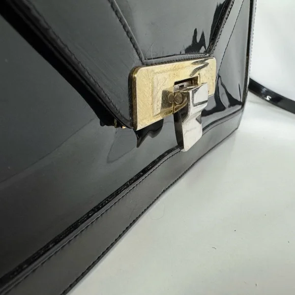 Vintage Lou Taylor Black Patent Leather Clutch w/ Swivel Mirror & Strap Shoulder Bags